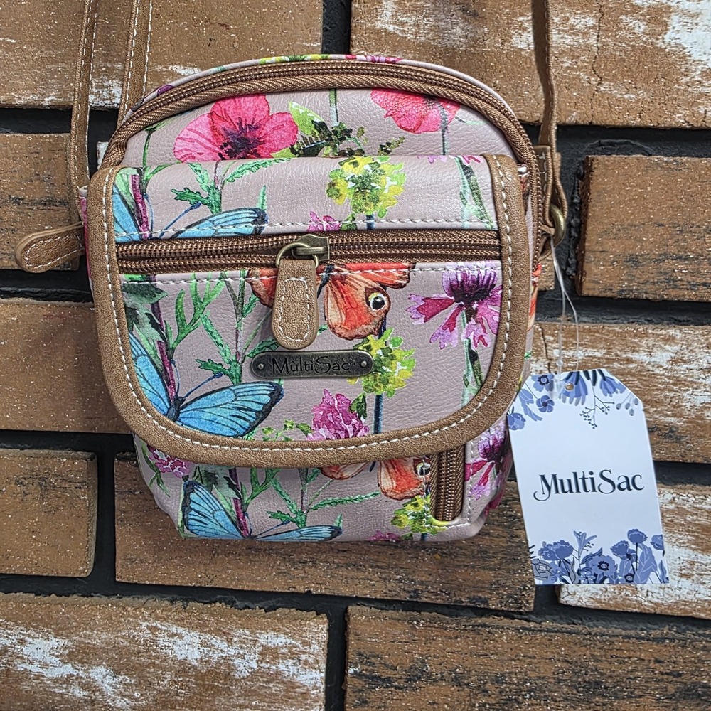 NEW MultiSac Crossbody Purse Spring Floral Butterfly Tan Everest Mini‎ Crossbody